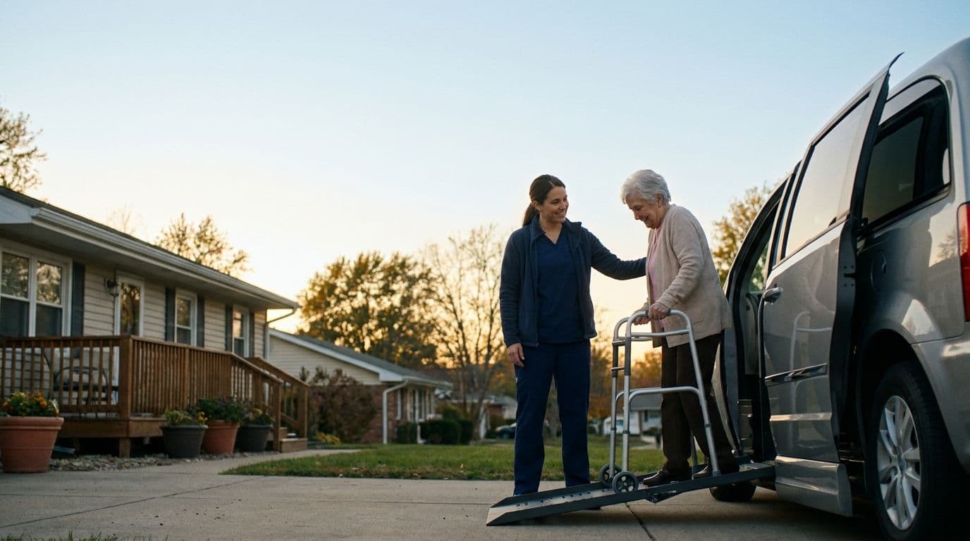 A Nevinex caregiver helping a patient into a wheelchair-accessible transport vehicle outside their home
